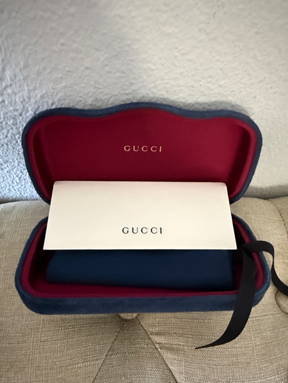 Gucci Sunglasses Case with Burgundy Interior and Navy Exterior velvet